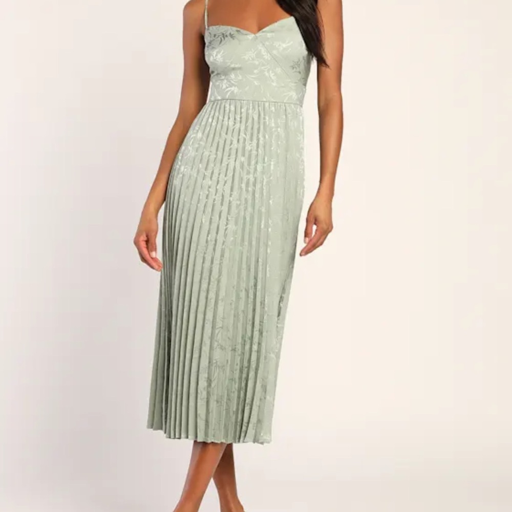 Lulu's Sage Green Regal Romance Floral Jacquard Pleated Satin Midi Dress